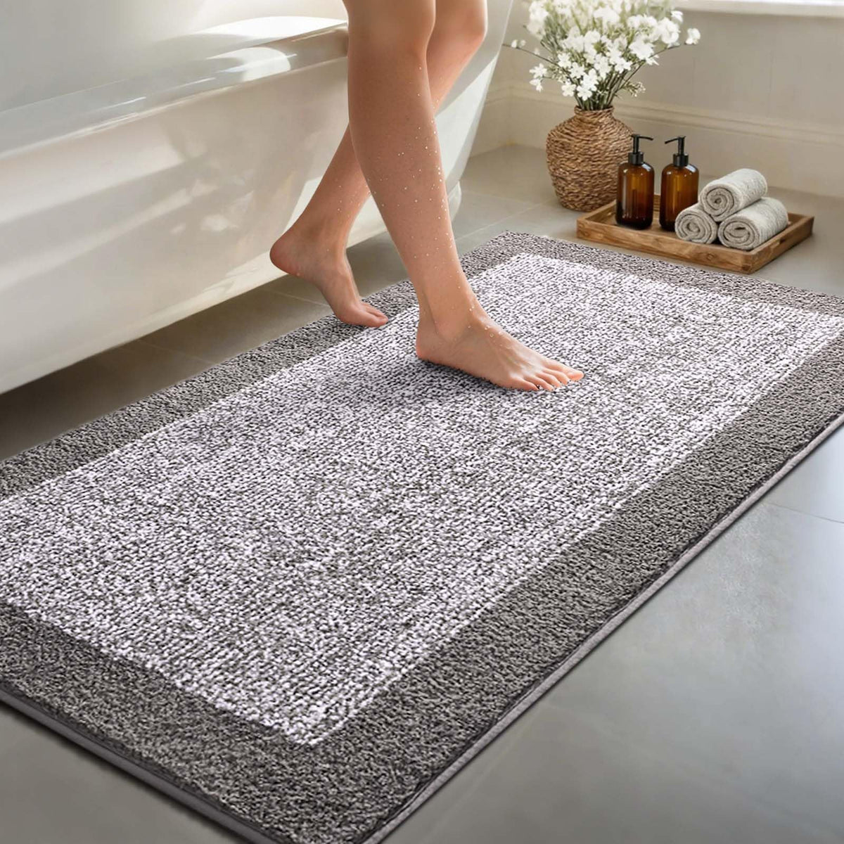 48x24 Long Bathroom Rugs Non Slip Washable, Soft Absorbent Bath Mat Black