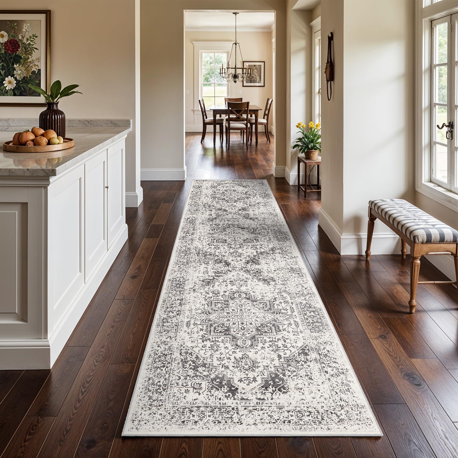 3x12 Washable Hallway Runner Rug: Long Vintage Soft Non Slip Rug Gray