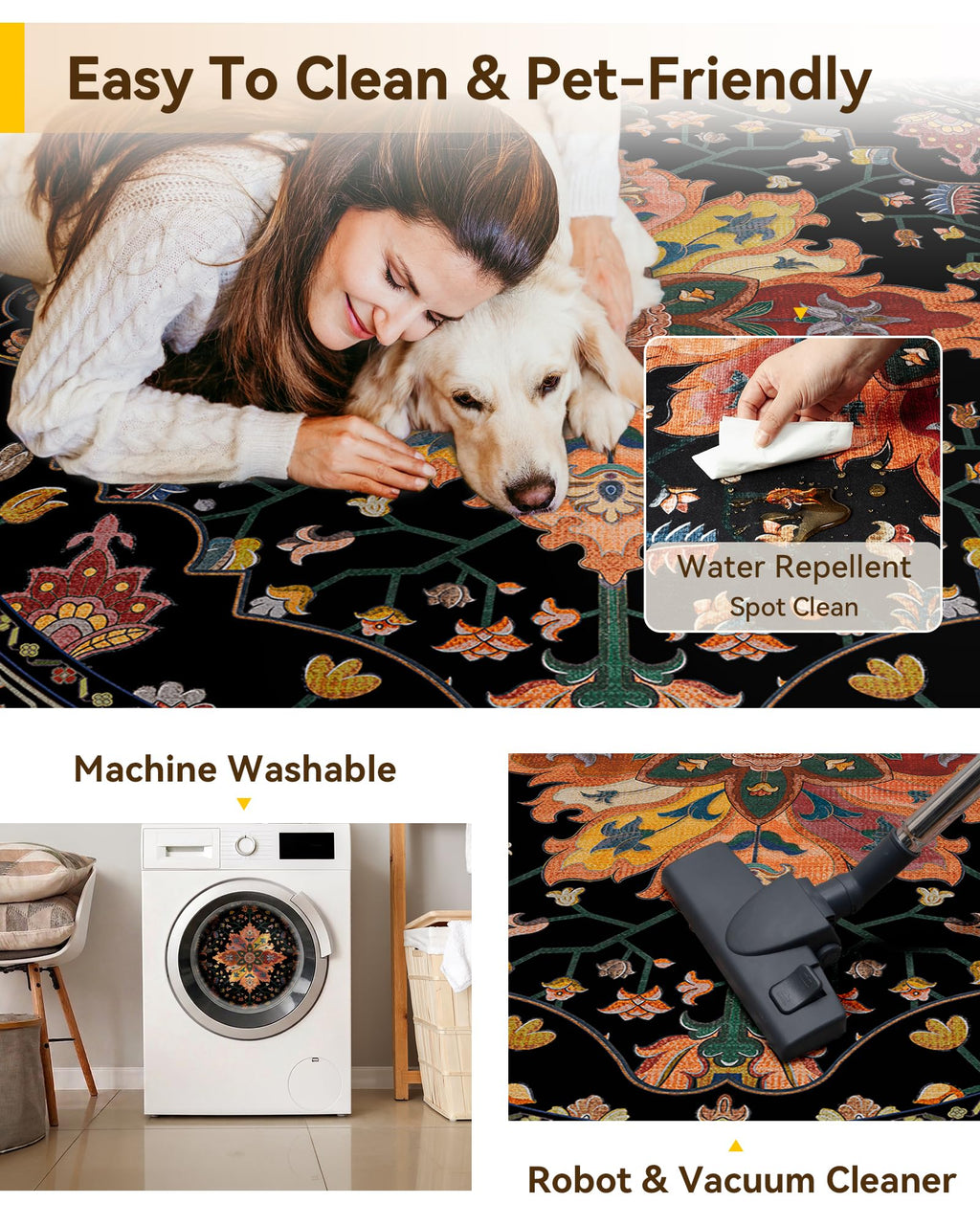 RELEANY Washable Area Rug, Round 8ft, Black/Colorful