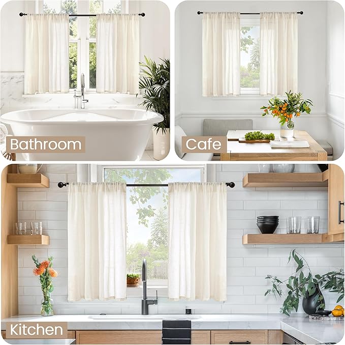BGment Beige Linen Curtains 40 Inch Length for Short Window - Small Semi Sheer Drapes with Rod Pocket for Cafe Kitchen Bedroom Light Filtering Cream Curtain, 2 Panels, Each Panel 30 Inch Wide