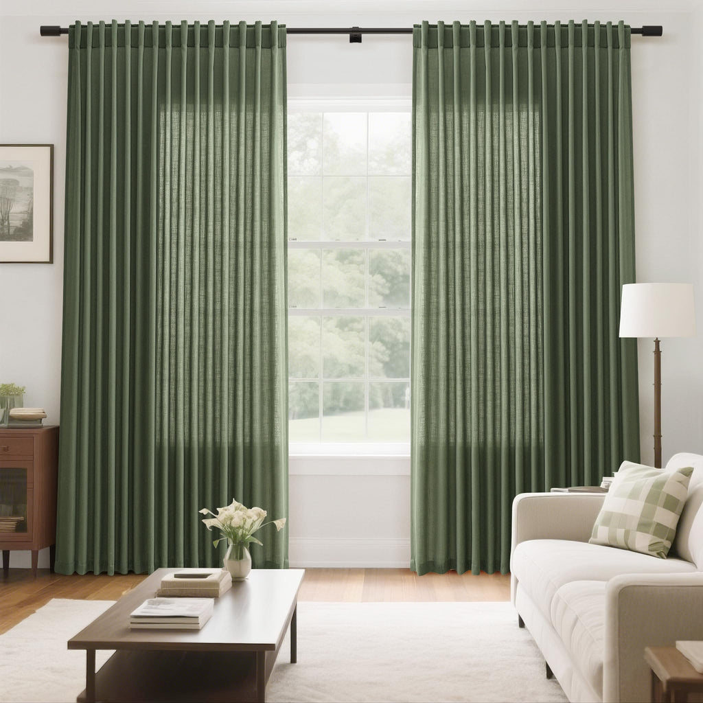 Olive Green Large Window Curtains Light Filtering Semi Sheer Privacy Linen Textured Curtain for Patio Sliding Glass Door Extra Wide Rustic Farmhouse Drapes for Living Room Bedroom Sunroom 100x90 Inch
