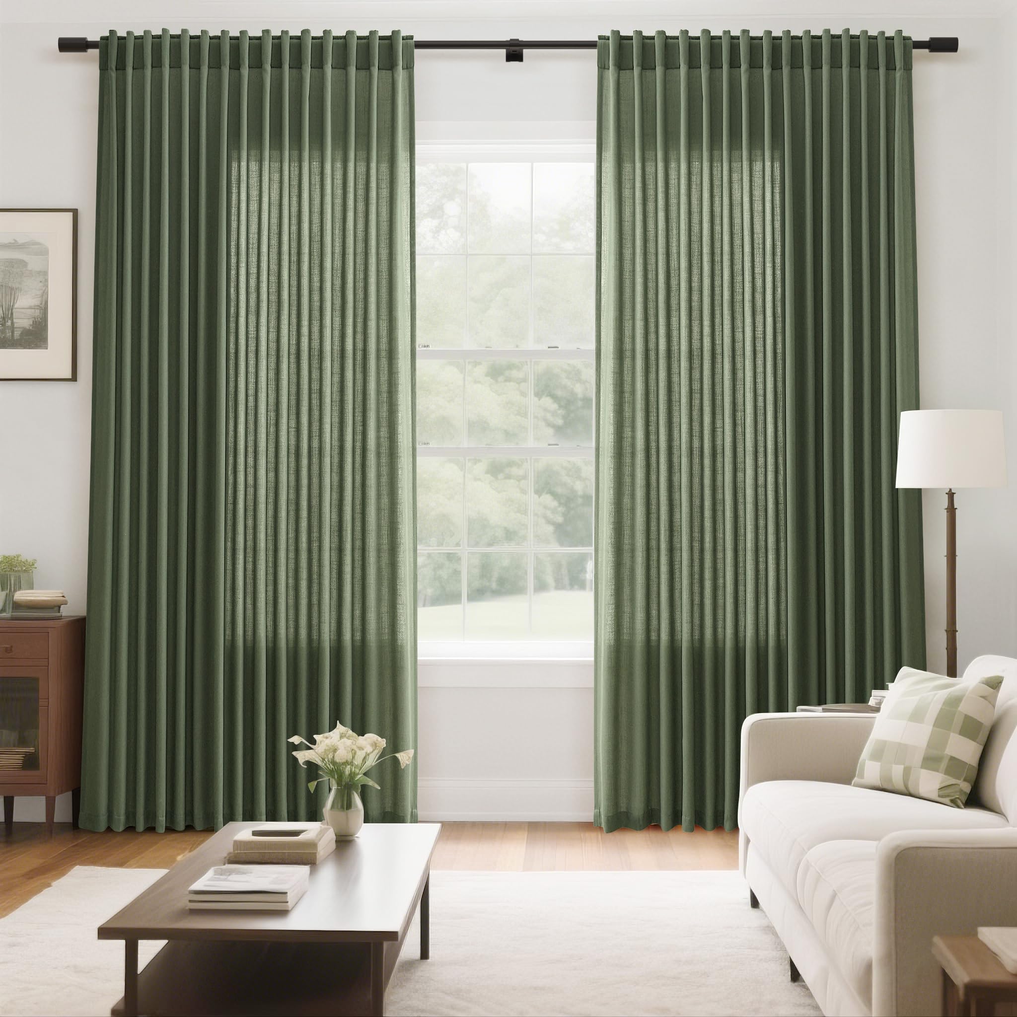 Olive Green Large Window Curtains Light Filtering Semi Sheer Privacy Linen Textured Curtain for Patio Sliding Glass Door Extra Wide Rustic Farmhouse Drapes for Living Room Bedroom Sunroom 100x90 Inch