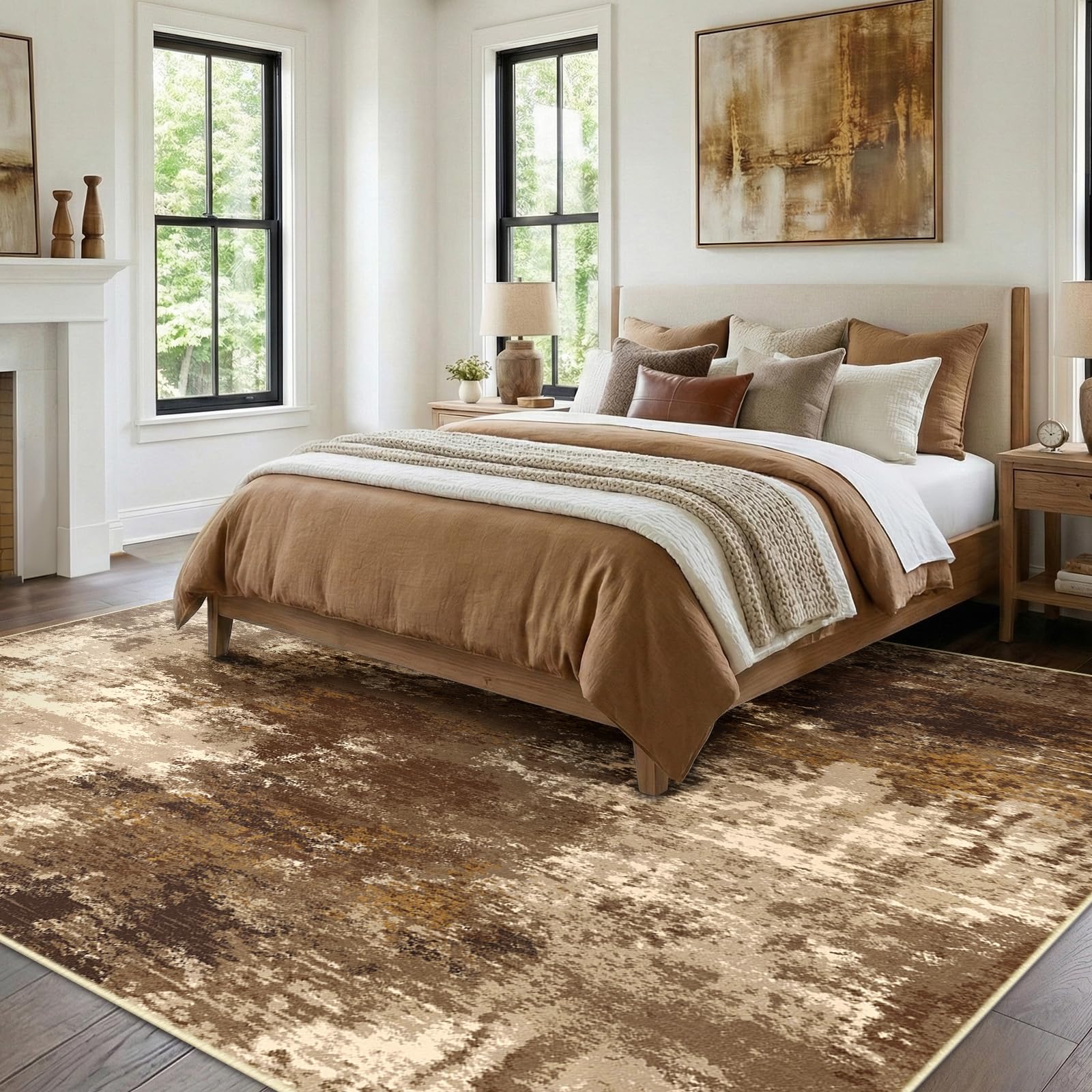 RELEANY Washable 5'x7' Abstract Area Rug for Living Room Brown Tan