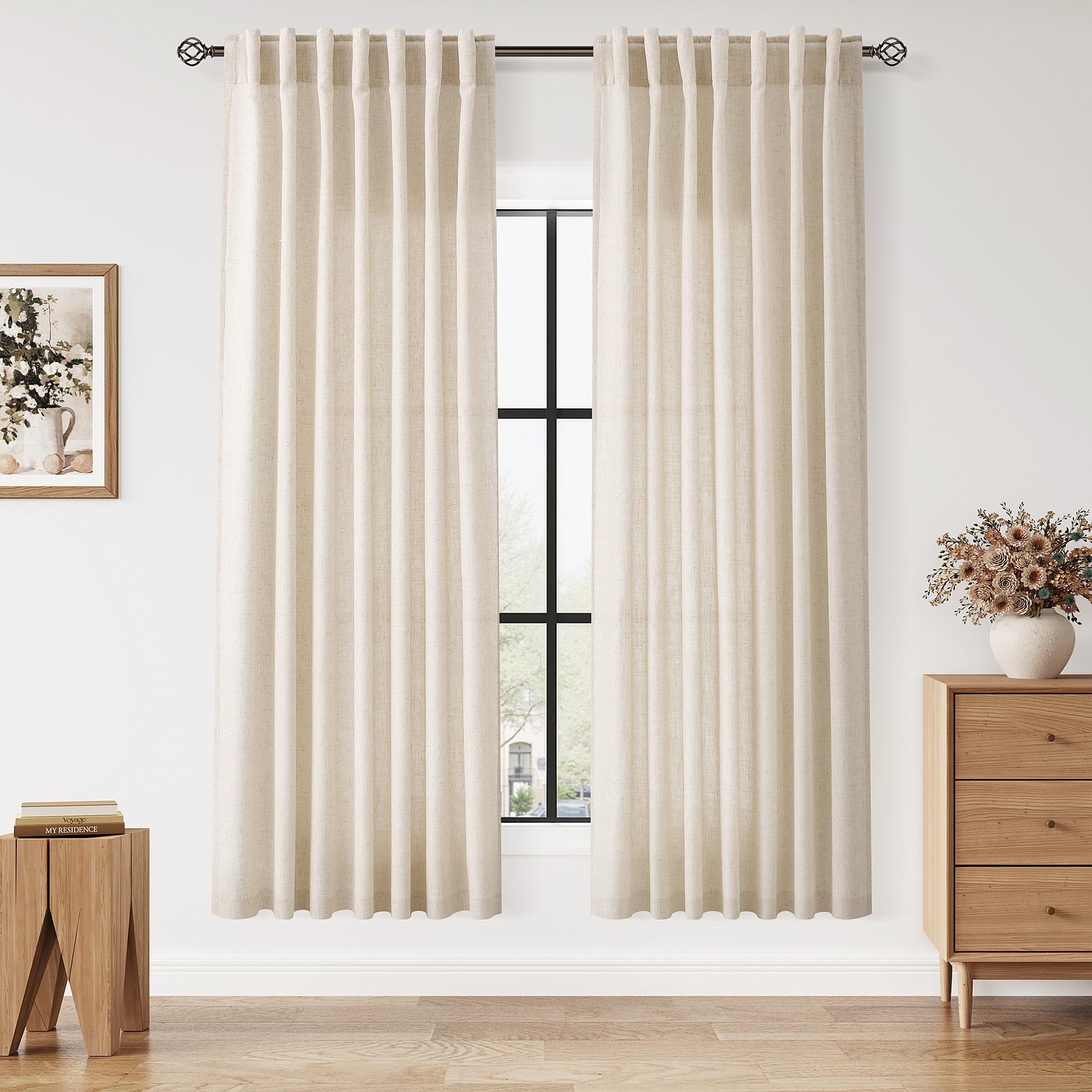 Linen Curtains for Living Room 72 Inches Long Modern Farmhouse Decor Light Filtering Semi Sheer Curtain Back Tab Neutral Luxury Rustic Burlap Coastal Drapes for Bedroom Office 52x72, 2 Panels
