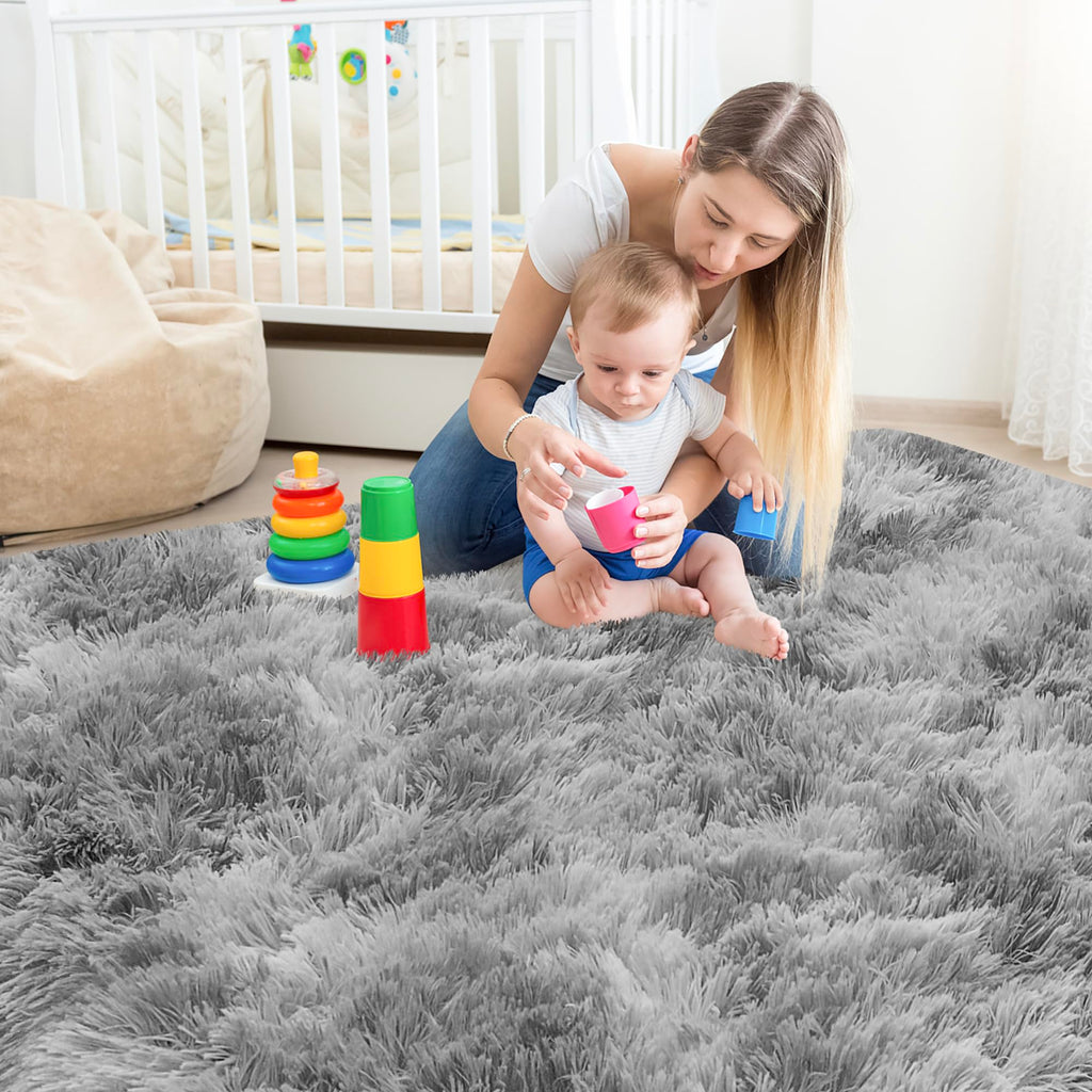 JiaoBaba Tie Dye Grey Rug for Living Room 5x8ft Fluffy Modern Shag Area Rug Mat Bedside Throw Rug for Bedroom Kids Room Boys Teens Nursery Baby Dorm Office Home Decor Soft and Cozy Carpets