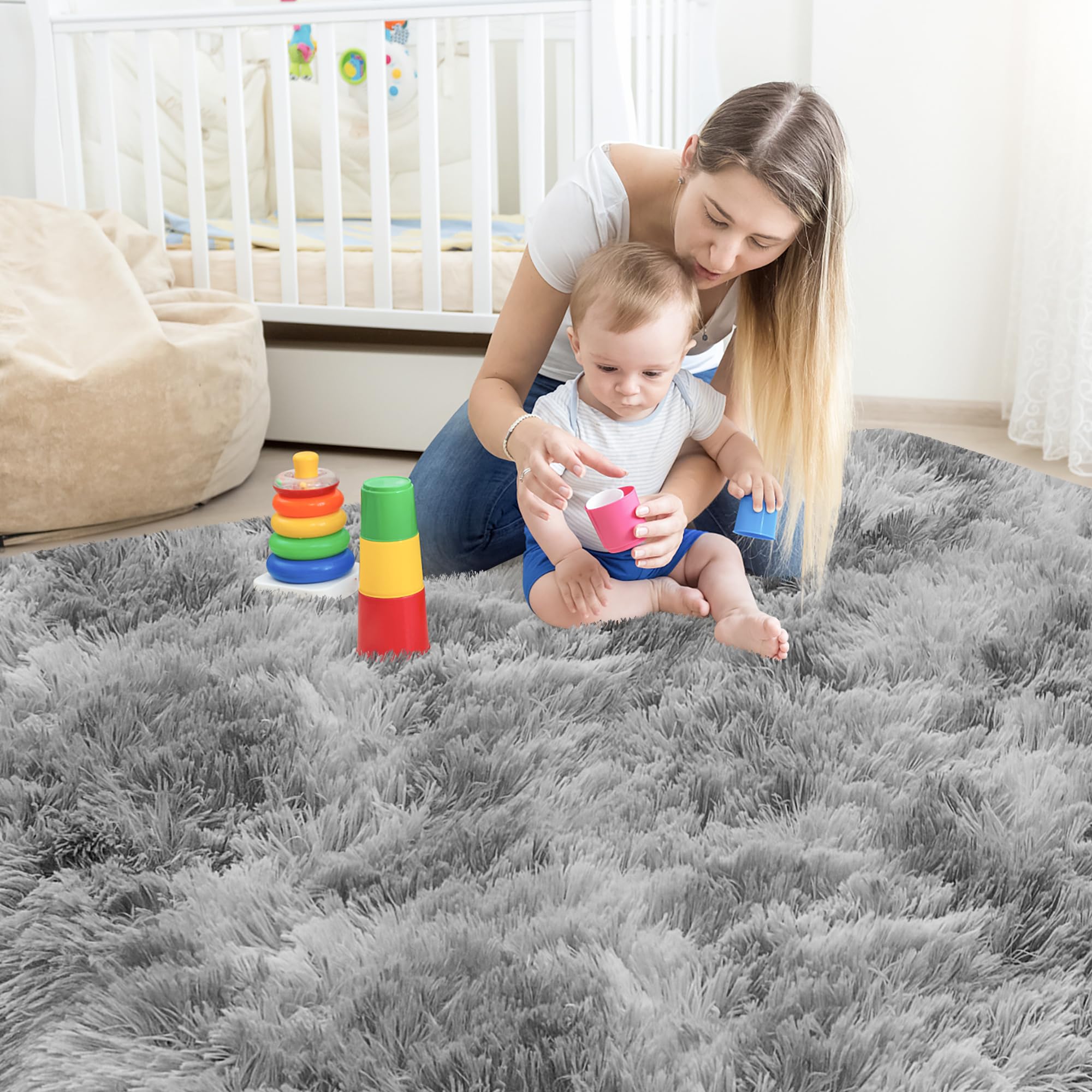 JiaoBaba Tie Dye Grey Rug for Living Room 5x8ft Fluffy Modern Shag Area Rug Mat Bedside Throw Rug for Bedroom Kids Room Boys Teens Nursery Baby Dorm Office Home Decor Soft and Cozy Carpets