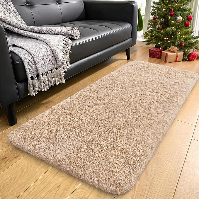 OLANLY 3x7 Machine Washable Runner Rugs for Hallway, Soft Fluffy Shaggy Bedside Rugs for Bedroom, Living Room, Indoor Floor Carpet for Kids Girls and Boys, Nursery Rooms, Home Decor Aesthetic, Beige