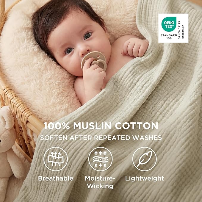 Bedsure 100% Cotton Muslin Blanket Queen Size for Bed - 4-Layer Breathable and Lightweight Thin Soft Summer Gauze Muslin Blankets for Adults, Linen Beige, 90x90 Inches