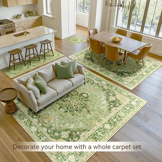 RELEANY Washable Area Rug, 5'x7', Green/Yellow