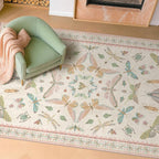 Hazo Haus Neutral Girl Nursery Rug 4x6 - Beige & Pink Rugs for Bedroom, Living Room - Washable Low Pile Non-Slip Charming Insect Print Vintage Girly Design, Perfect for Kids Rooms