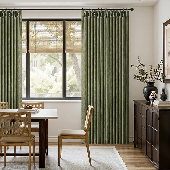 MIULEE Olive Green Pinch Pleated Linen Curtains 96 Inches Long 2 Panels