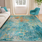 Washable Area Rugs 7'x9' Non-Slip Modern Abstract Soft for Living Room Entryway Bedroom Nursery, Print Pattern, Teal Blue Green Orange Rust Red Coloreful