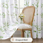 HOMEIDEAS Non-See-Through Sage Green and White Privacy Sheer Curtains 52 X 84 Inch Length 2 Panels, Leaf Floral Printed Light Filtering Semi Sheer Window Curtains Drapes for Bedroom Living Room
