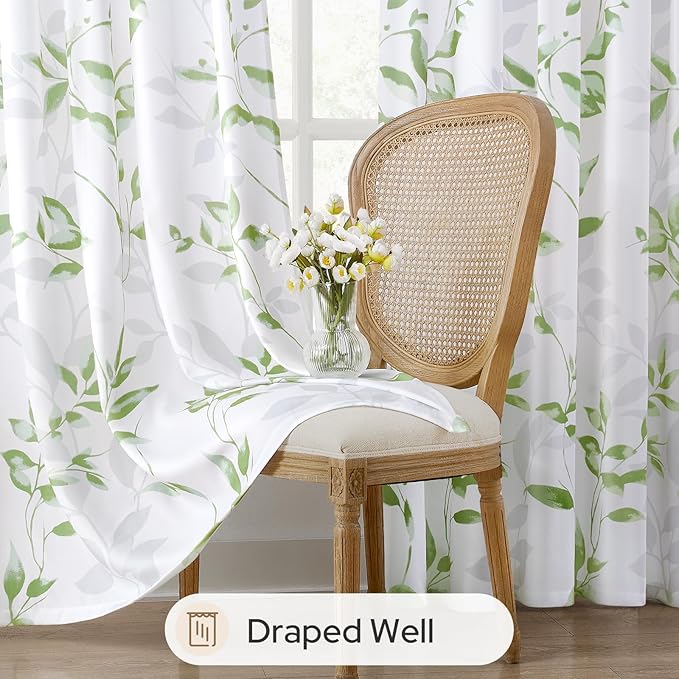 HOMEIDEAS Non-See-Through Sage Green and White Privacy Sheer Curtains 52 X 84 Inch Length 2 Panels, Leaf Floral Printed Light Filtering Semi Sheer Window Curtains Drapes for Bedroom Living Room