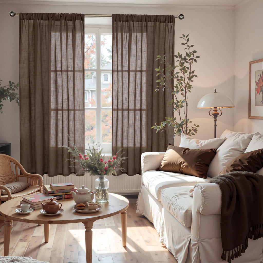 BGment Brown Linen Curtains 63 Inches Long for Bedroom Windows, Sheer Drapes Lightweight Rustic Country Textured for Farmhouse Living Room Decor Rod Pocket, 2 Panels Set, Each 42 Inch Wide