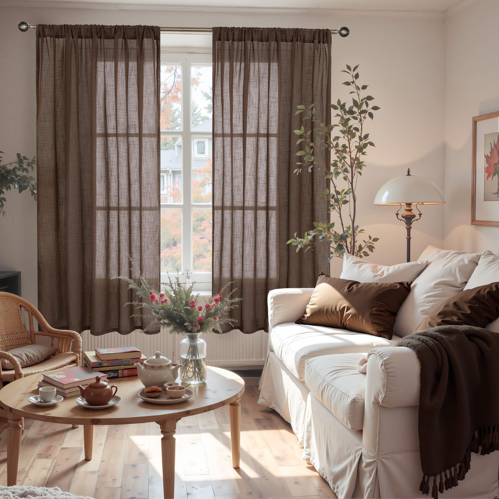 BGment Brown Linen Curtains 63 Inches Long for Bedroom Windows, Sheer Drapes Lightweight Rustic Country Textured for Farmhouse Living Room Decor Rod Pocket, 2 Panels Set, Each 42 Inch Wide