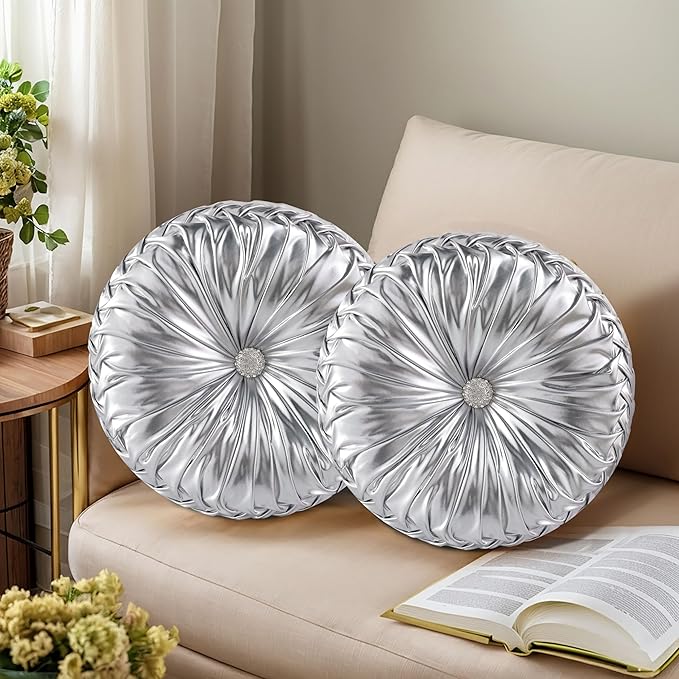 HIG Set of 2 Silver Metallic Leather Decorative Round Pleated Throw Pillows