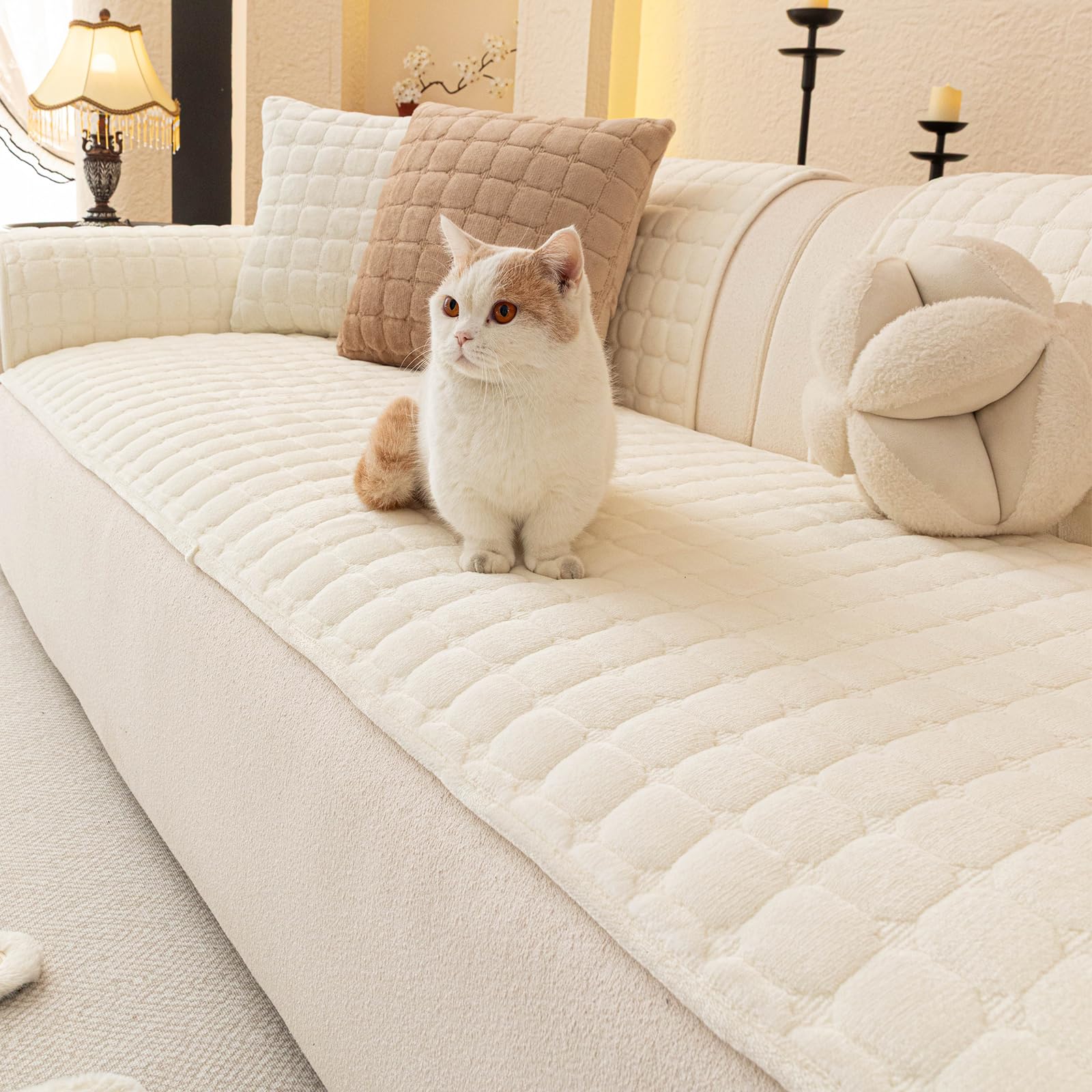 MDSASFD Velvet Couch Covers for Dogs, Dog Sectional Couch Covers, Pet Couchs Cover for 3-4 Seater, Couchs Protector for Dogs, Sectional Sofa Cover for Pet Washable(1PC,Beige White,27.6"×82.7")
