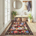 Floral Machine Washable Rug Black/Brown, 3x5 Rug Non Slip Soft Bedroom Rugs for Entryway Dorm, Ultra-Thin Rugs for Bedroom Stain Resistan(3 x 5, Black/Brown)