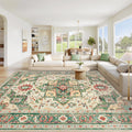 VECARF Area Rug 8x10 Washable Rug, Vintage Boho Medallion Rugs Non-Slip Soft Low Pile Large Distressed Rug Indoor Retro Carpet for Living Room Bedroom Dining Room Home Office (Green Beige, 8'x10')