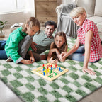 Large Area Rugs for Living Room Bedroom,9x12 Green and White Fluffy Soft Checkered Rug Fuzzy Shag Shaggy Carpet, Indoor Plush Floor Rugs for Kids Boys Girls Teen Dorm Nursery Home Decor