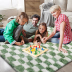 Area Rugs for Bedroom Living Room,4x6 Green and White Fluffy Soft Checkered Rug Fuzzy Shag Shaggy Carpet,Indoor Plush Floor Rugs for Teen Dorm Home Decor