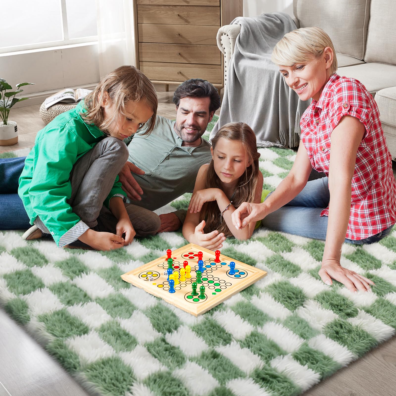 Area Rugs for Bedroom Living Room,4x6 Green and White Fluffy Soft Checkered Rug Fuzzy Shag Shaggy Carpet,Indoor Plush Floor Rugs for Teen Dorm Home Decor
