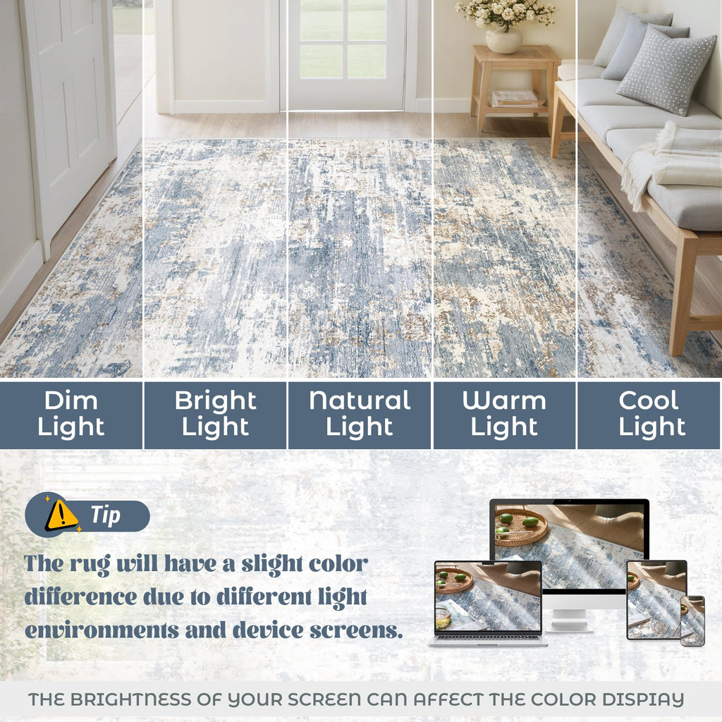 XLUEZ 10x14 Area Rugs for Living Room, Washable Modern Abstract Large Area Rug Neutral Soft Non Slip Kids Rug Stain Resistant Indoor Carpet for Bedroom Dining Room Playroom Home Office(Blue, 10'x14')