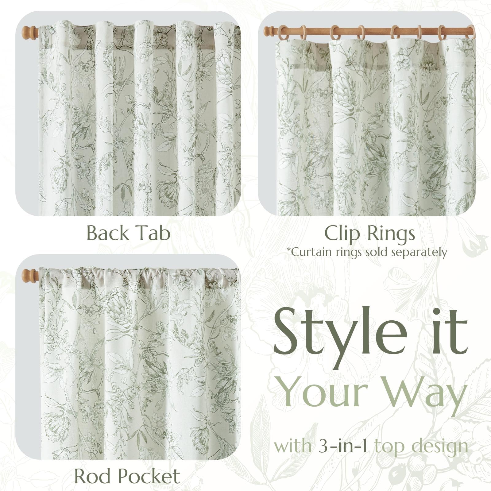 jinchan Green Floral Linen Curtains 84 Inch Farmhouse Rod Pocket 2 Panels