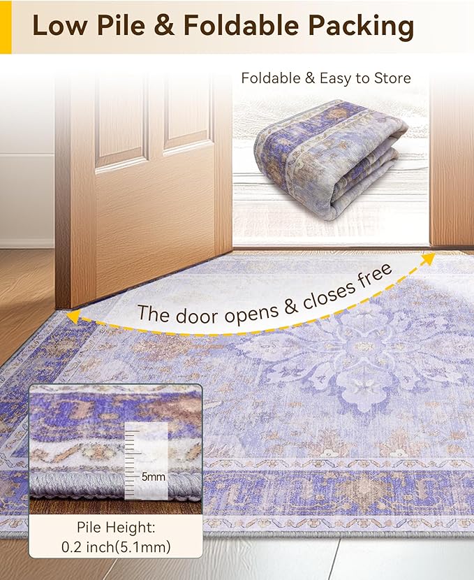 Area Rugs 6'x9' Washable Non-Slip, Floral Vintage Distress Print Pattern Medallion Carpet for Living Room Bedroom Dining Room, Light Purple Brown