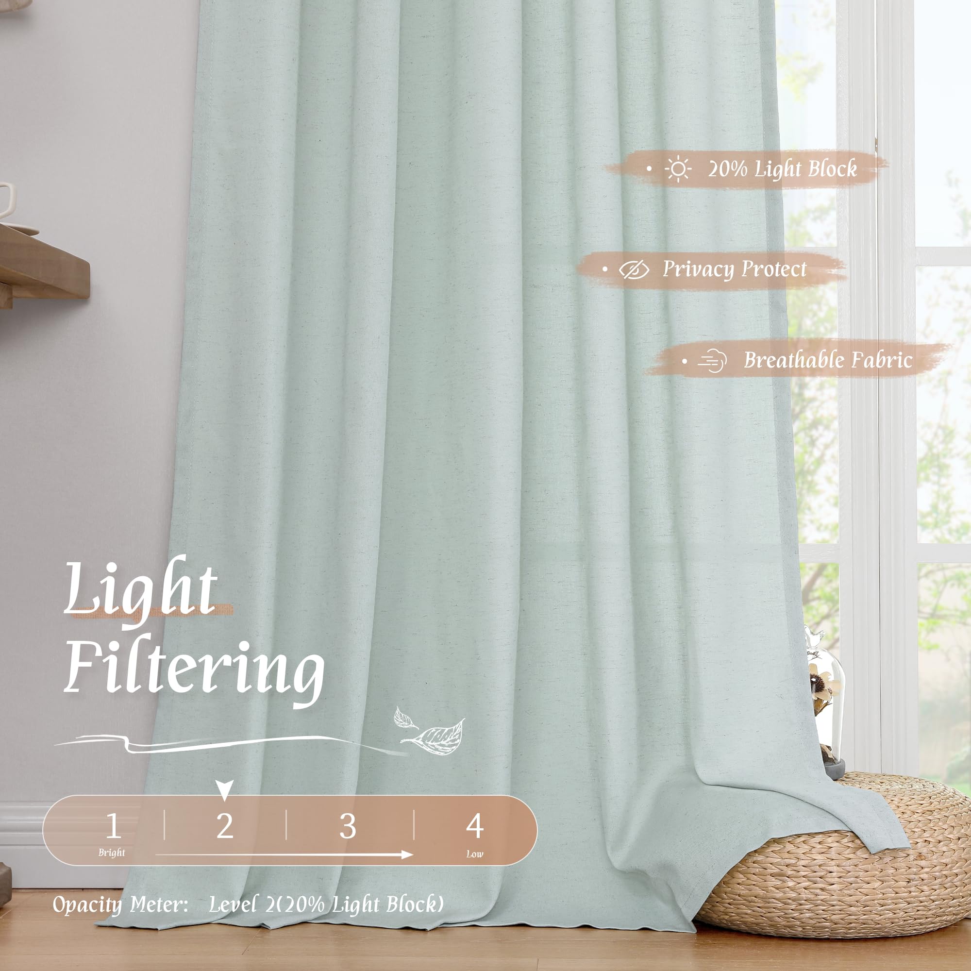 LAMIT Light Filtering Linen Curtains 63 Inch Length for Bedroom, Light Blue