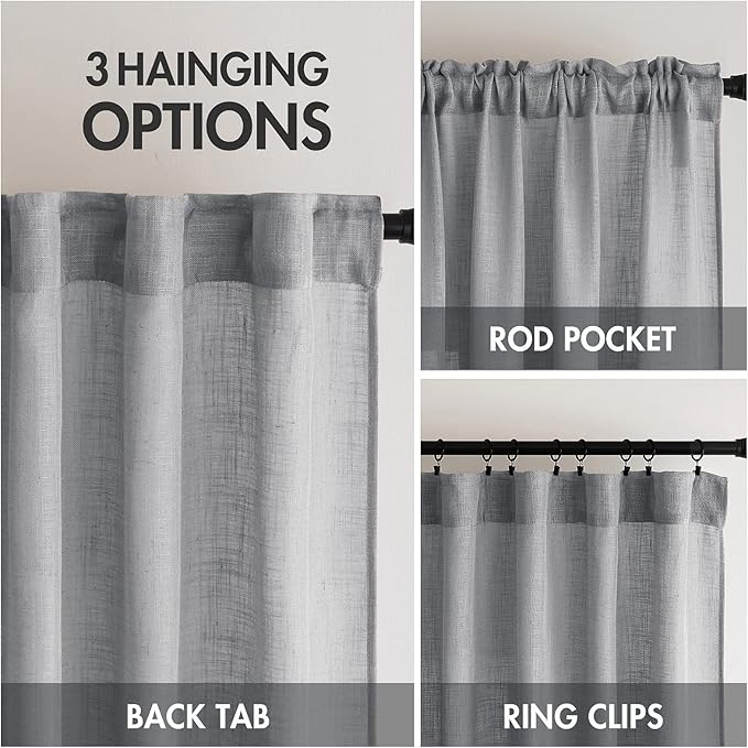 MIULEE Grey Linen Curtains 108 Inches Long for Bedroom Living Room, Soft Thick Linen Textured Window Drapes Gray Semi Sheer Light Filtering Rod Pocket Back Tab Burlap Look Farmhouse Decor, 2 Panels