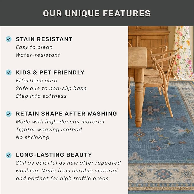 Boho 2'6"x10' Wide Runner Rugs for Hallway Non Skid- 10ft Light Blue Washable Non Slip Long Entryway Rug, Low Pile Geometric Floral Indoor Décor