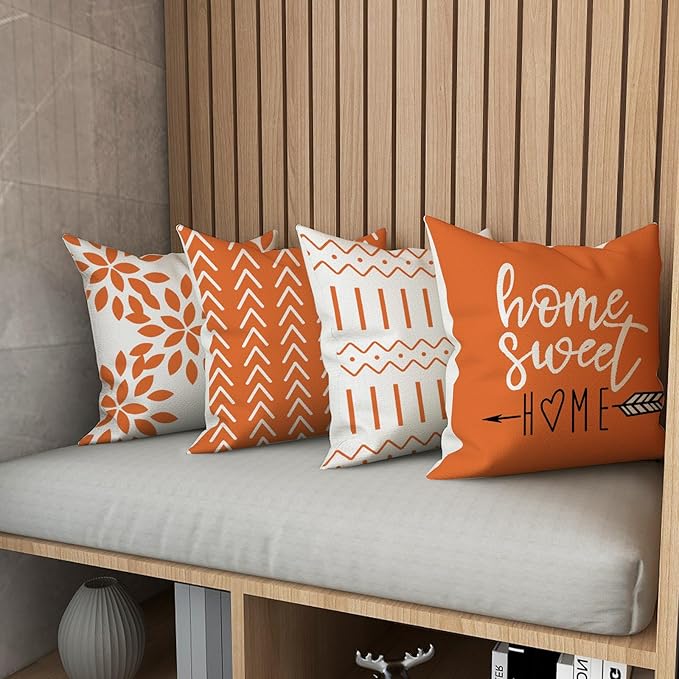 YCOLL Fall Pillow Covers 18x18 Set of 4, Modern Sofa Throw Pillow Cover for Fall Decor, Decorative Outdoor Linen Fabric Pillow Case for Couch Bed Car, Orange