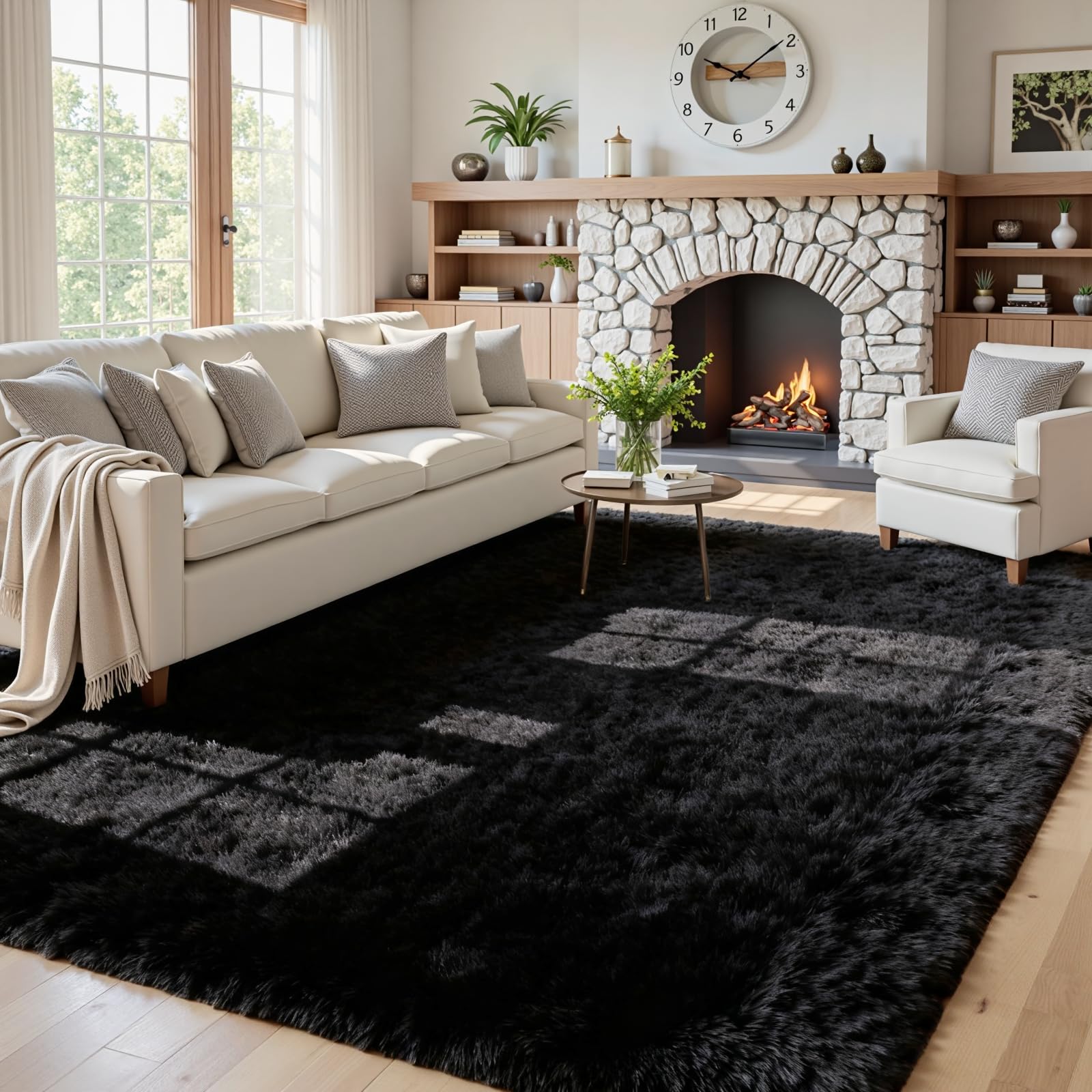 5x7 Fluffy Shag Area Rugs for Living Room Bedroom: Soft Plush Carpet Black