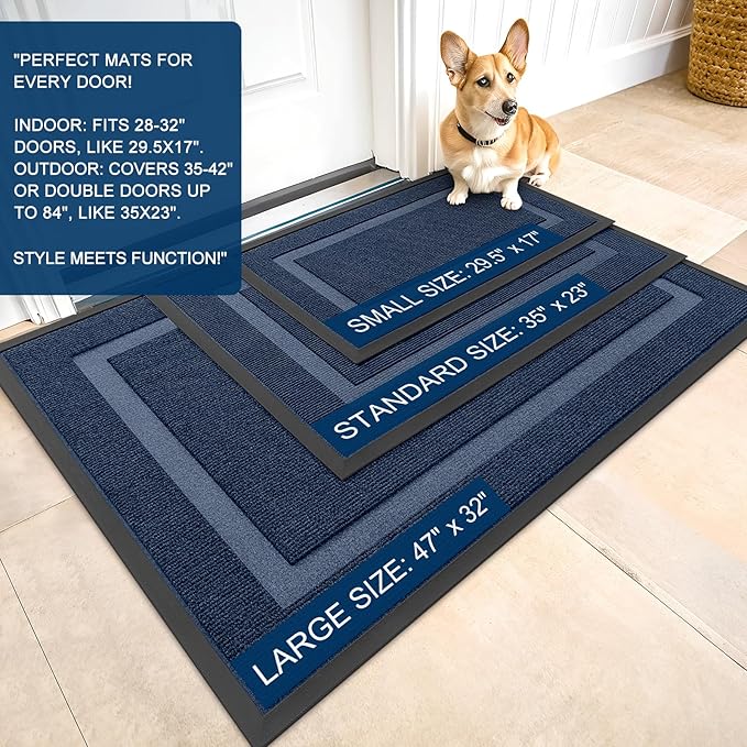 OLANLY Front Door Mat Indoor Outdoor Entrance, Waterproof All-Season, All-Weather Doormat, Sturdy Natural Rubber, Fade Resistant, Low Profile, Easy Clean Patio Porch Entryway Mat, 59x23, Blue