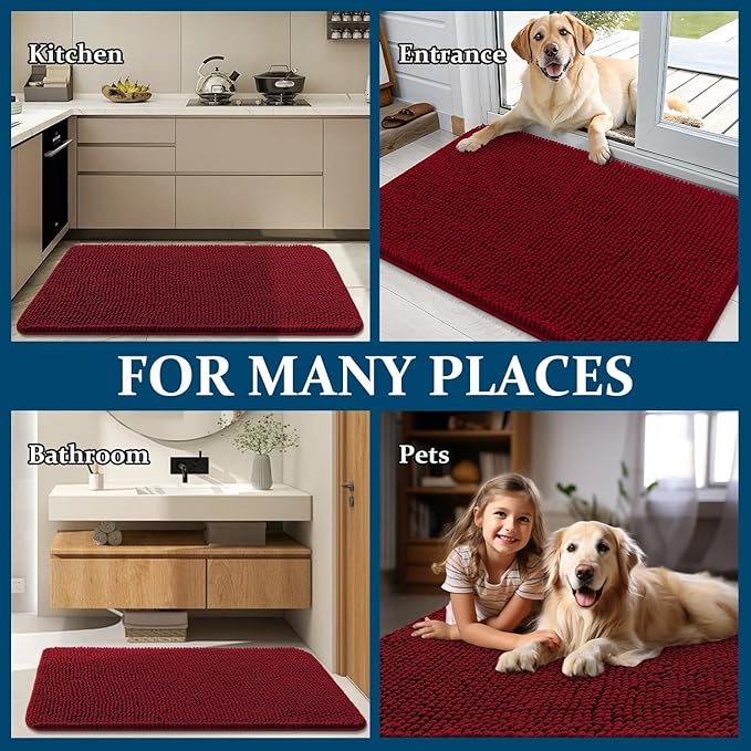 OLANLY Dog Door Mat for Muddy Paws 40x24, Absorbs Moisture and Dirt, Absorbent Non-Slip Washable Doormat, Quick Dry Chenille Mud Mat for Dogs, Entry Indoor Entryway Carpet for Inside Floor, Red
