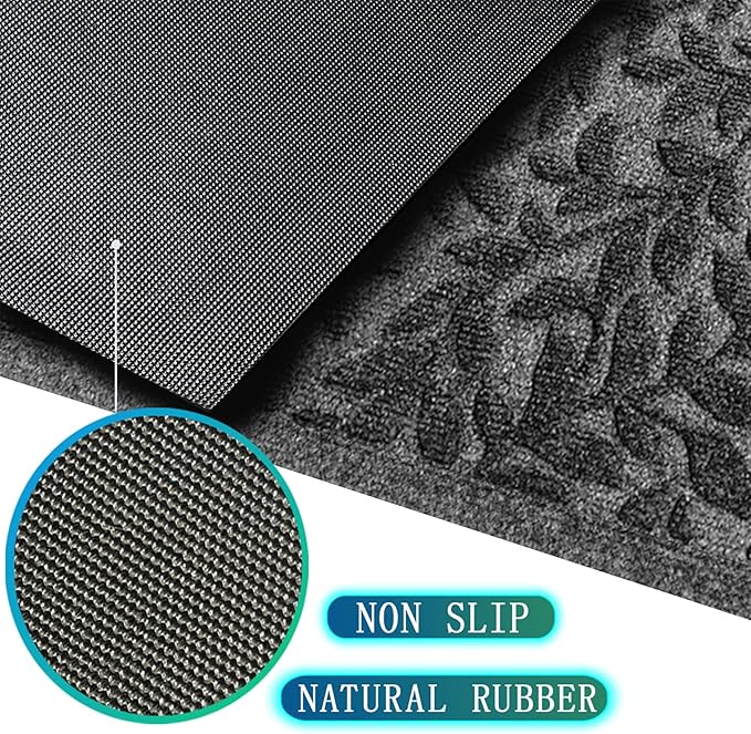 Bulijojo Sturdy Front Entrance Doormats,Durable Heavy Duty Welcome Mat,Thick Absorbent Natural Rubber Non Slip Mat,Easy Clean Entryway Mat Leaves Grey, 47" x 32"