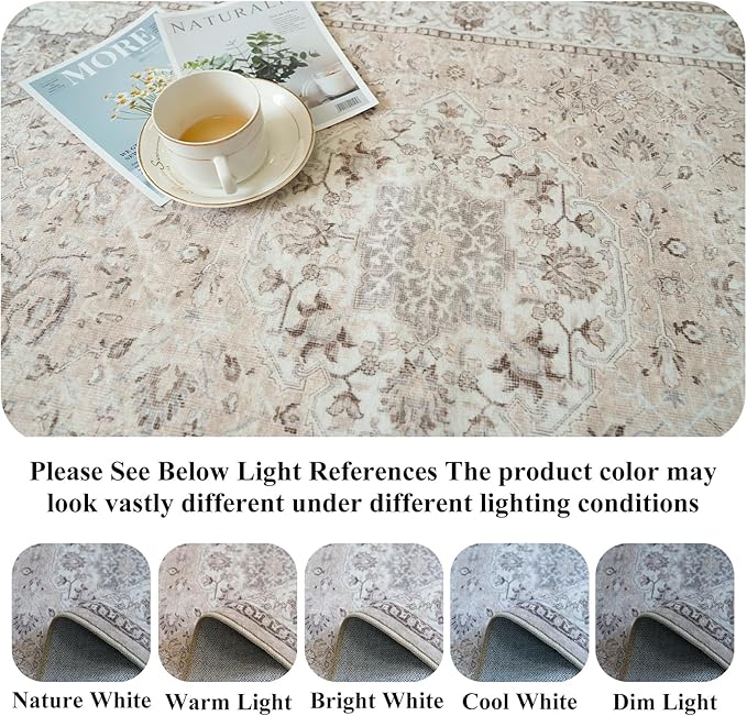 7x7 Living Room Area Rug: Washable Oriental Printed Soft Round Rug for Bedroom Besides Non-Slip Low-Pile Carpet for High-Traffic Area Indoor Stain Resistant Distressed Home Decor Mat(7Round,Beige)