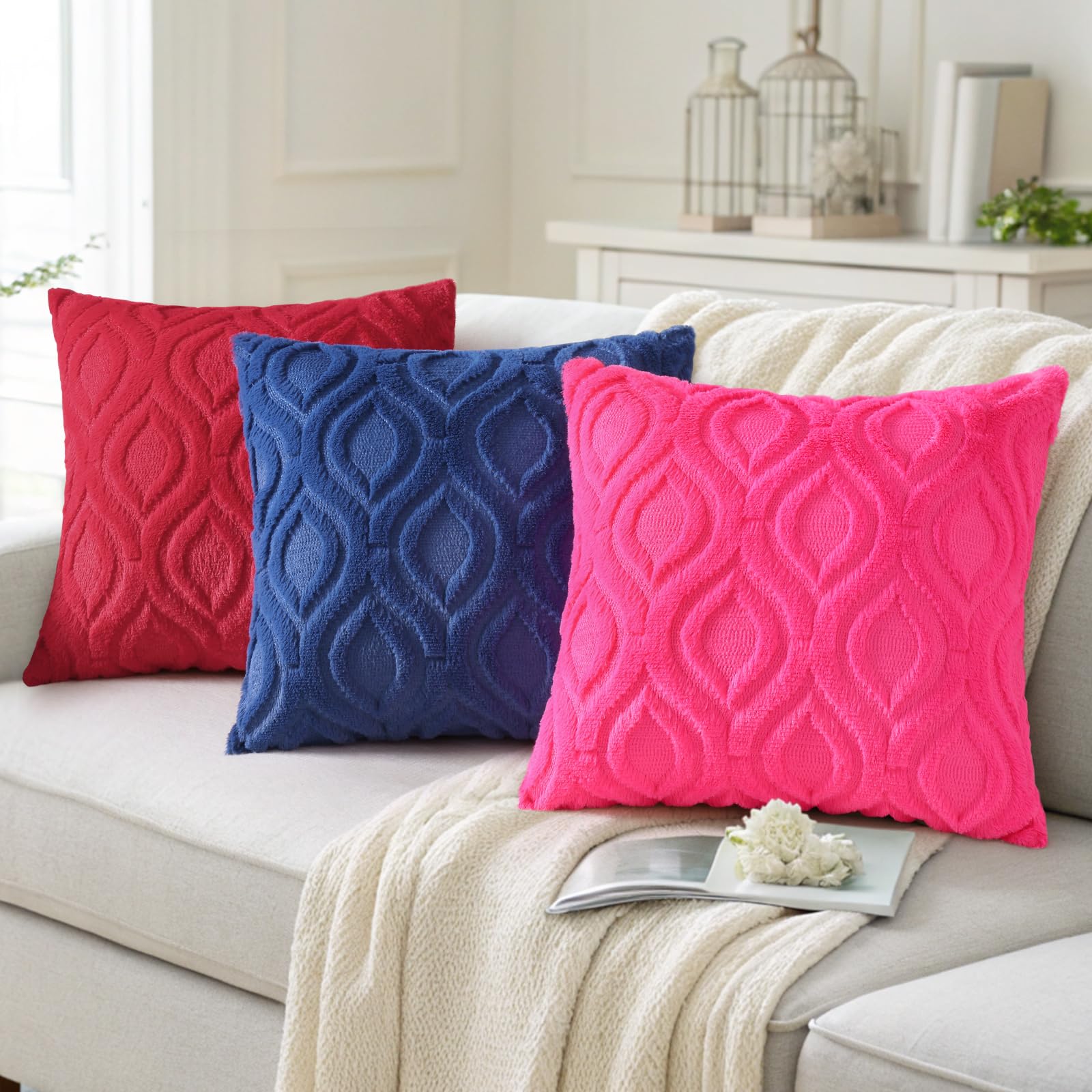 decorUhome Faux Fur Plush Soft Dark Blue Throw Pillow Covers 22x22 Set of 2