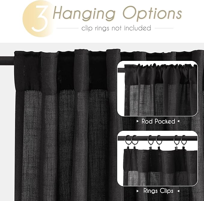 Black Linen Curtains 63 inches Long for Bedroom Back Tab Light Filtering Privacy Semi Sheer Black Curtains Living Room Boho Rustic Farmhouse Cotton Textured Gauze Curtain 2 Panel Set