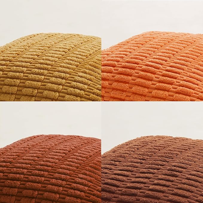 Fancy Homi Set of 4 Burnt Orange Fall Decorative Throw Pillow Covers 18x18 Inch for Couch Bed Chair, Modern Farmhouse Boho Room Decor, Soft Fuzzy Corduroy Textured Striped Cushion Case 45cm