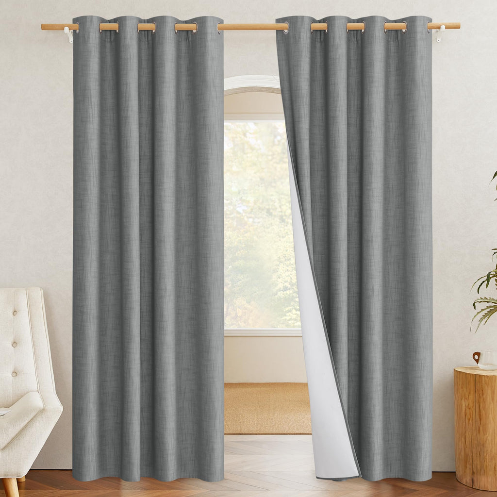 NICETOWN 100% Absolutely Blackout Linen Curtains with Thermal Insulated White Liner, Dove Grey, W52, 2 Pieces, Noise Reducing Textured Linen Look Curtains for Windows 120 inch Length for Classroom