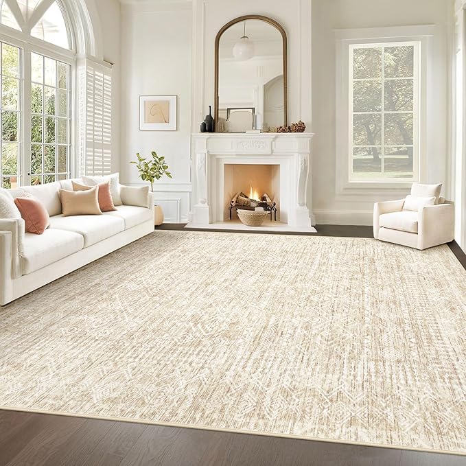 Living Room Rugs 8x10: Washable Moroccan Geometric Boho Rug Farmhouse Non Slip Stain Resistant Large Rug Low Pile Soft Carpet for Bedroom Dining Room Children Room (Beige,8'x10')