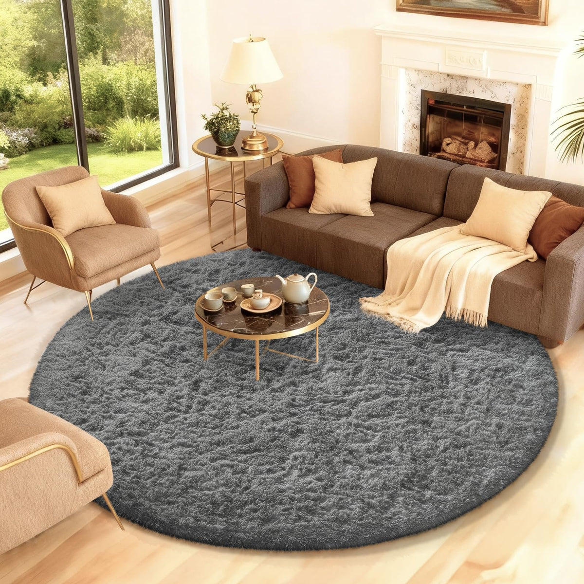 Ophanie Round Rug 7Ft Grey Circle Area Rugs,Large Fluffy Fuzzy Living Room Carpet 7 Foot,Plush Shag Solid Indoor Floor Gray Bedroom Circular Decor for Kids Teen Boys Baby,with Over 99 pcs Pile fibers