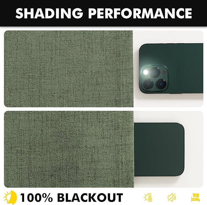 MIULEE 100% Blackout Linen Curtains for Bedroom, Olive Green Solid Luxury Decor Thermal Insulation Room Darkening Drapes for Living Room Nursery Back Tab Rod Pocket 42 x 63 Inches, 2 Panels