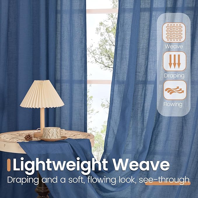 BGment Linen Navy Blue Curtains 96 Inches Long for Living Room 2 Panels Set, Semi Sheer Window Drapes Floor Length Light Filtering for Bedroom Dining with Rod Pocket Lightweight, Each 52 Inch Wide