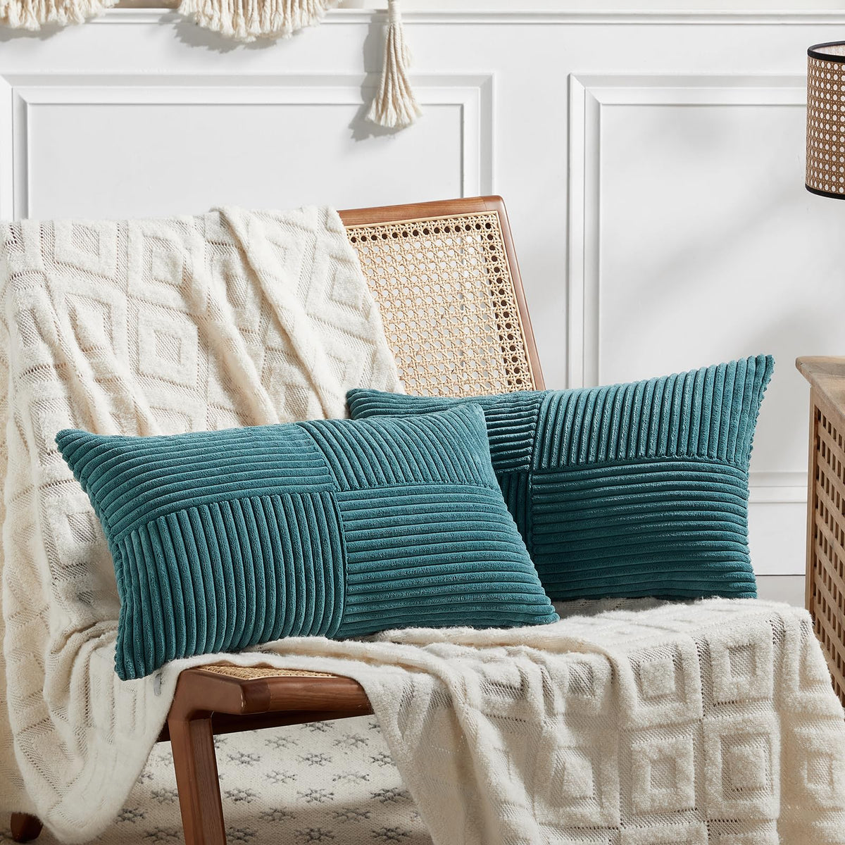 Fancy Homi Set of 2 Light Blue Long Lumbar Decorative Throw Pillow Covers 16x24 Inch for Couch Bed Sofa, Rustic Farmhouse Boho Home Decor, Soft Striped Corduroy Rectangle Accent Cushion Case 40x60 cm