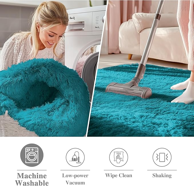 OLANLY Teal Round Rugs for Bedroom - Machine Washable, 3 ft Circle Area Rugs for Living Room, Soft and Fluffy Shaggy Carpet for Teen Girl and Boys, Nursery Rooms, Dorms, Home Decor Aesthetic