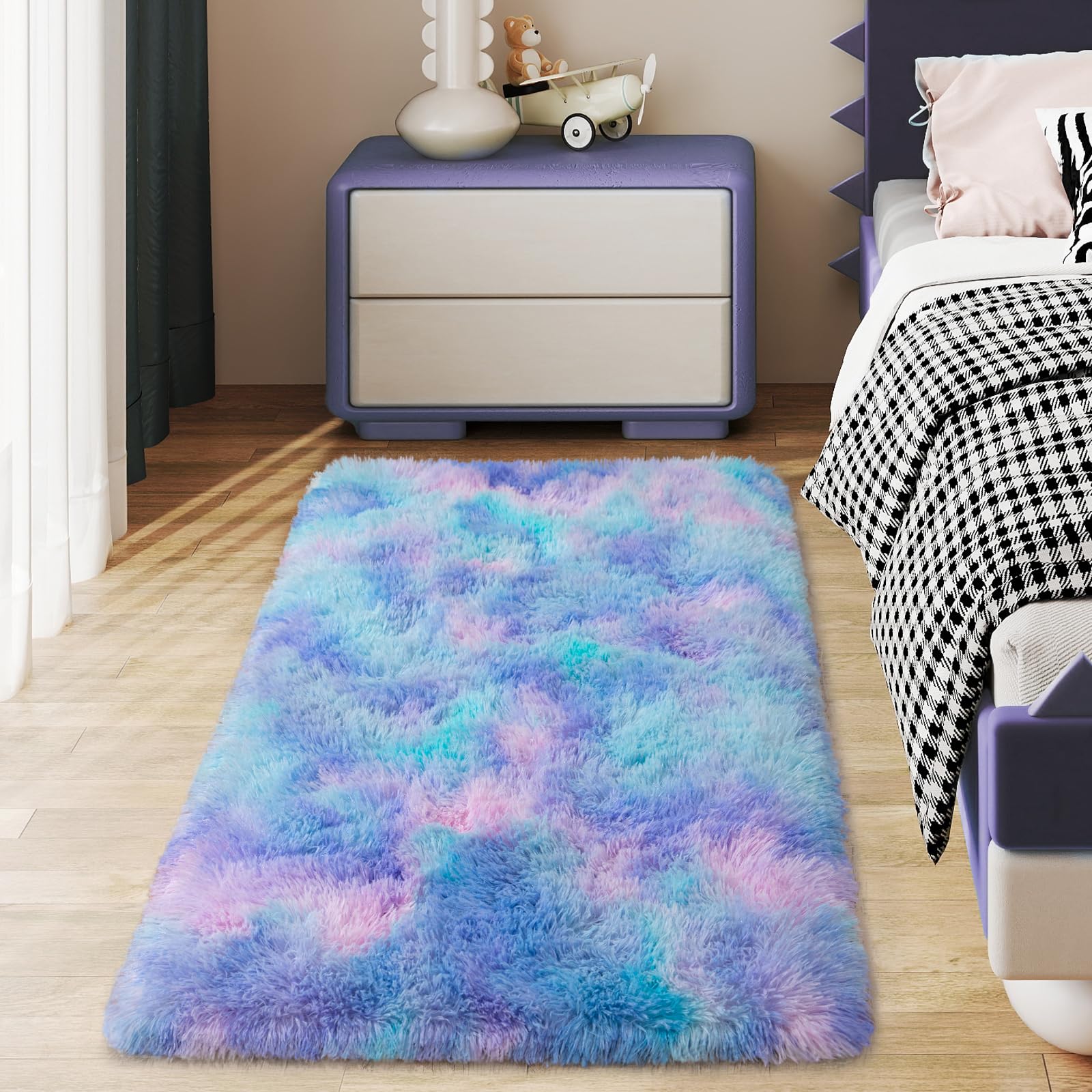 Ailyei Soft Runner Rugs for Bedroom Hallways, 2x4 Purple Rainbow Fluffy Shag Throw Area Rug Non Slip for Bedside Dorm, Long Shaggy Furry Carpet for Nursery Living Room